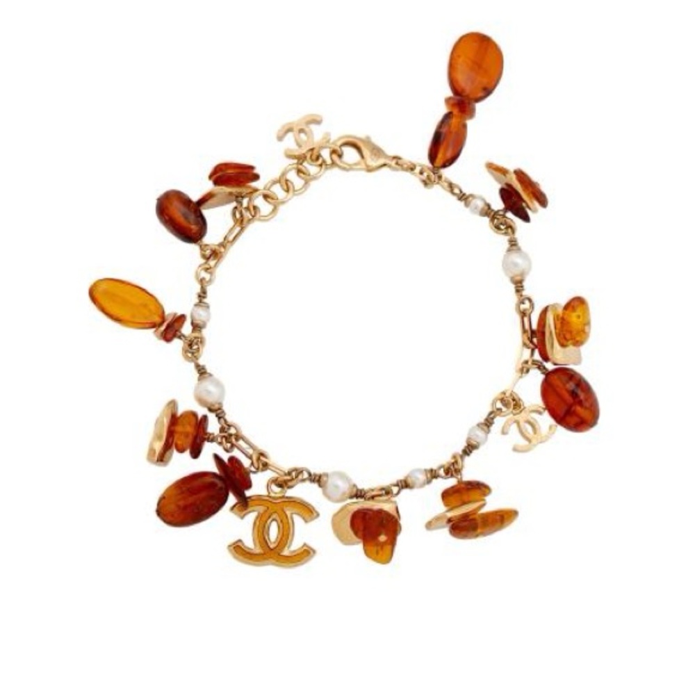 CHANEL very rare Amber & Faux Pearl CC Charm Bracelet